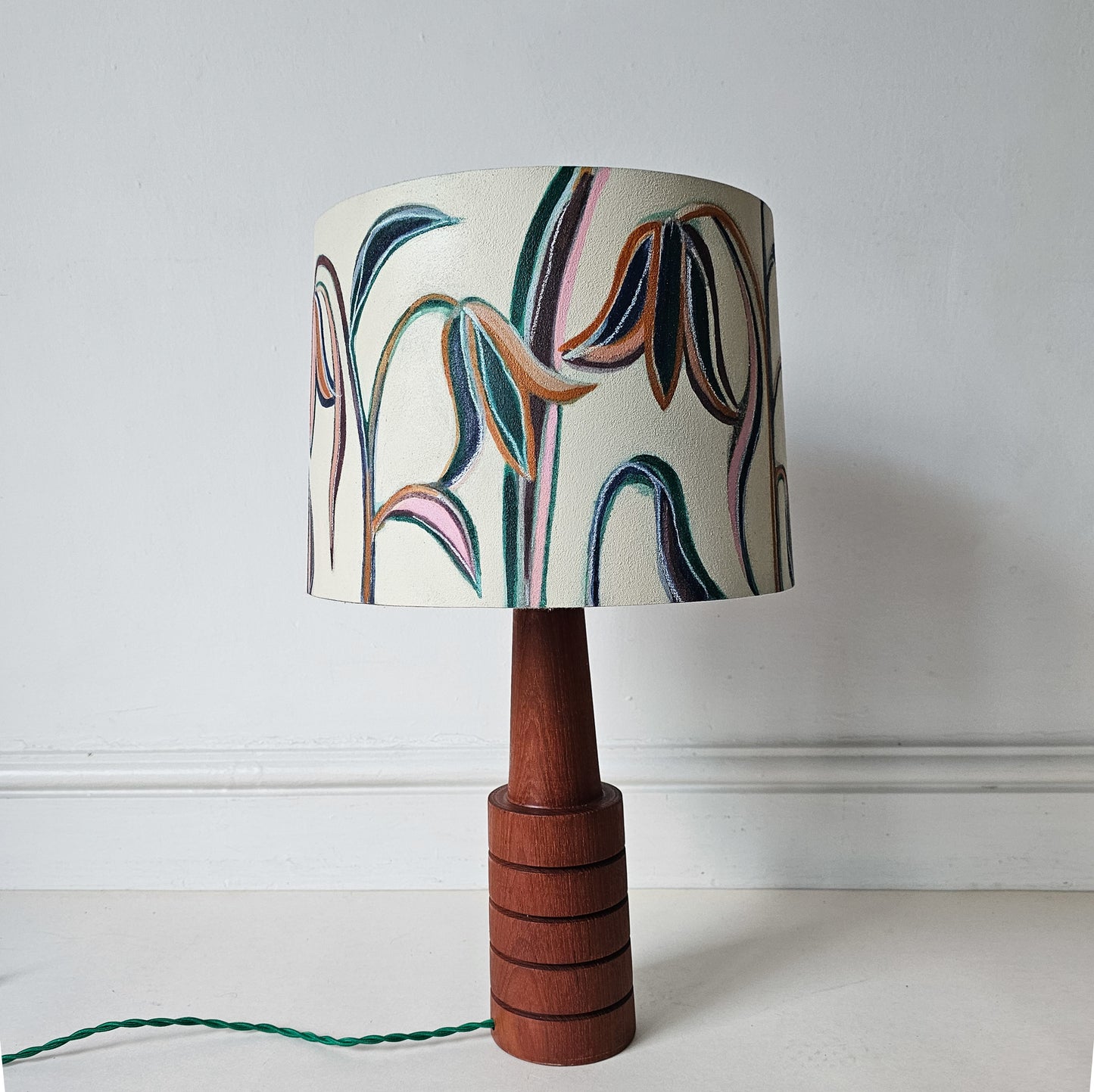 Upcycled Tulip Pattern Lampshade & Mid Century Teak Base