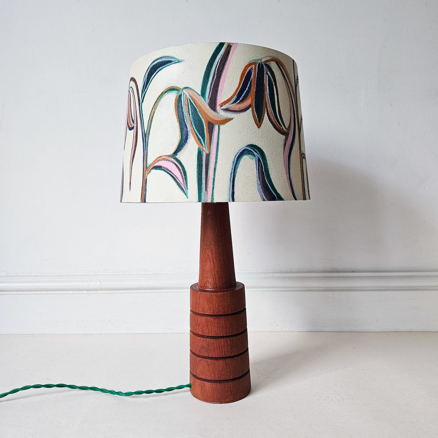 Upcycled Tulip Pattern Lampshade & Mid Century Teak Base