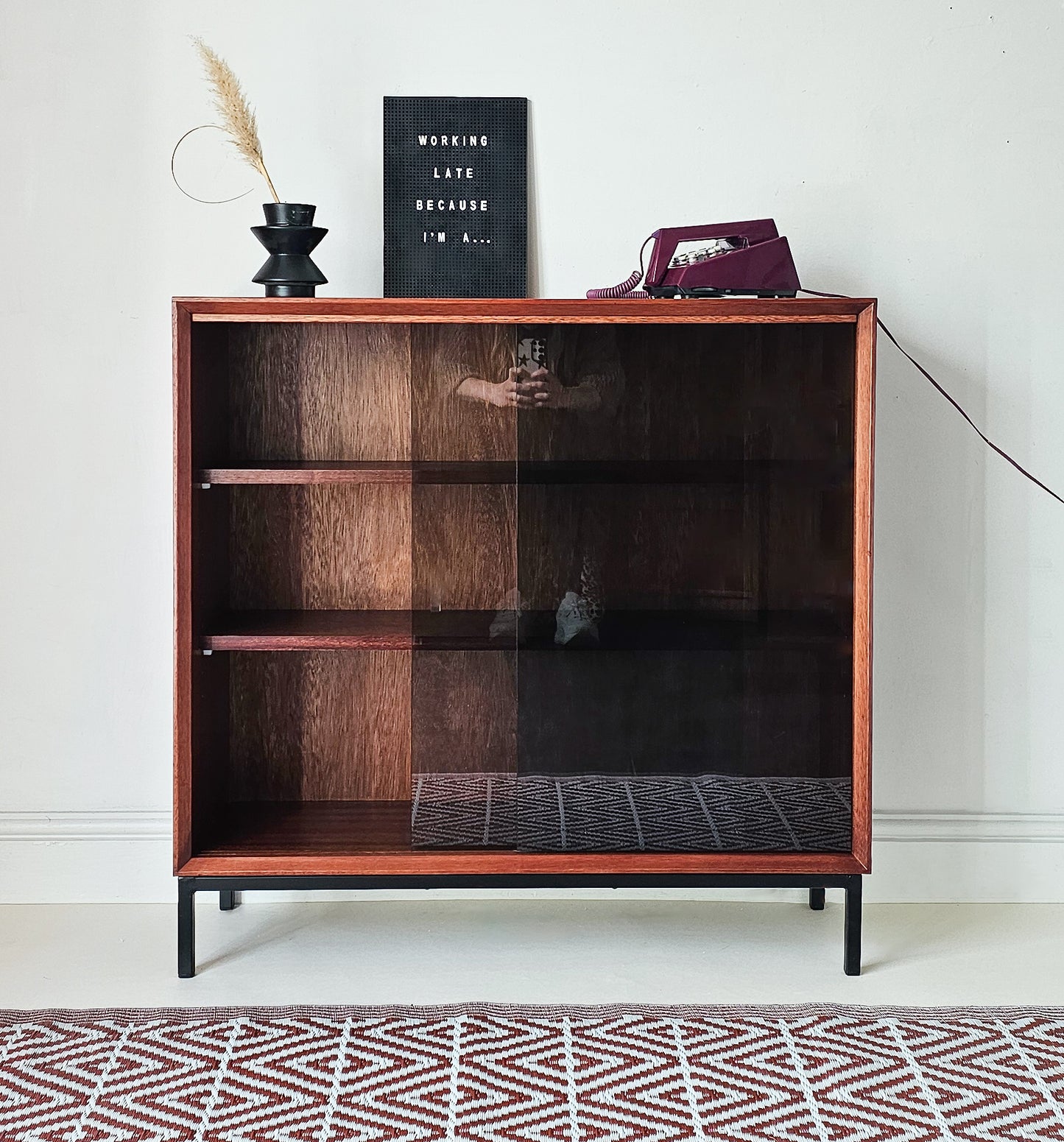 'The Emile' Mid Century Teak & Black Glass Drinks Cabinet Bookcase