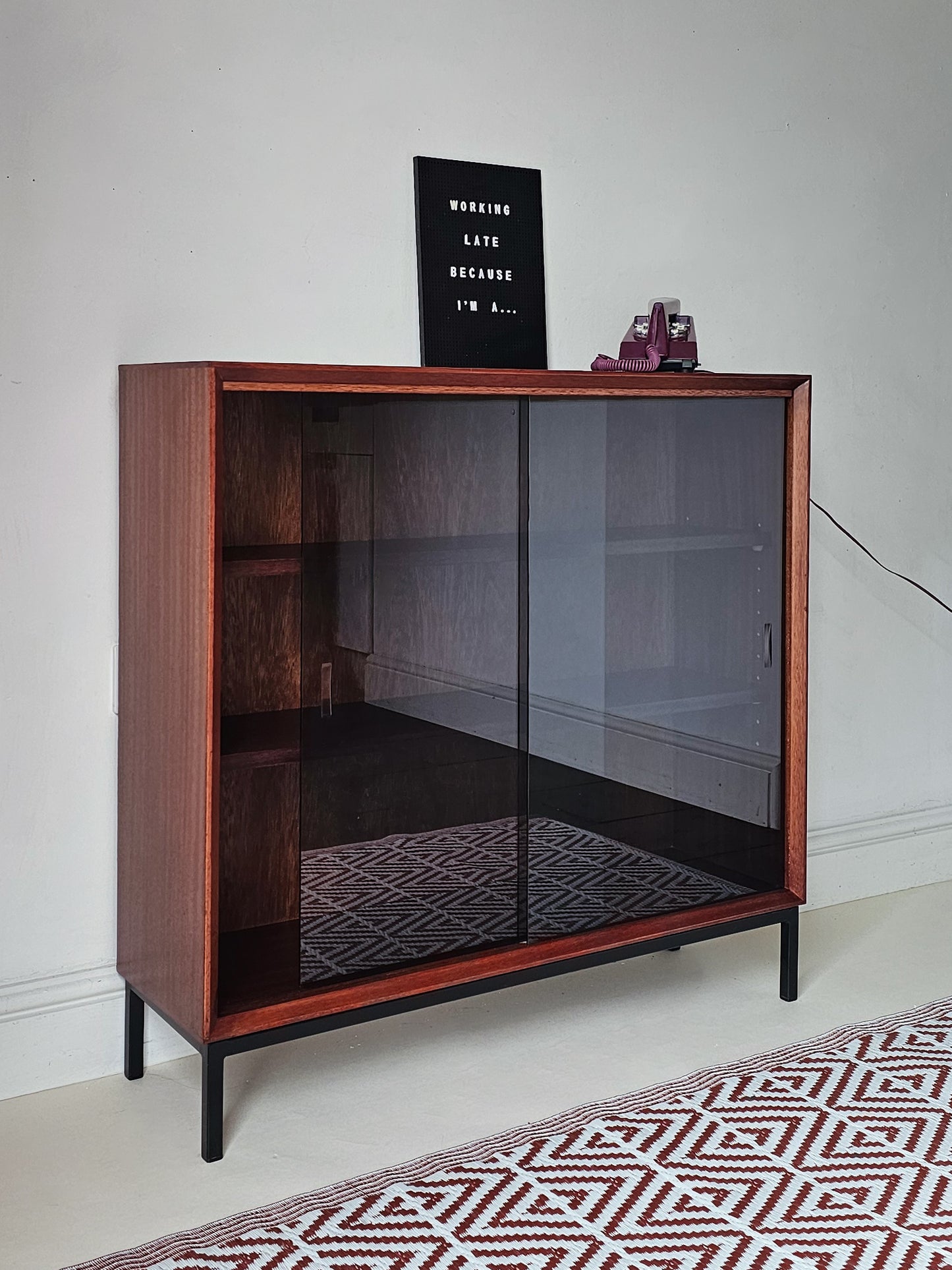 'The Emile' Mid Century Teak & Black Glass Drinks Cabinet Bookcase