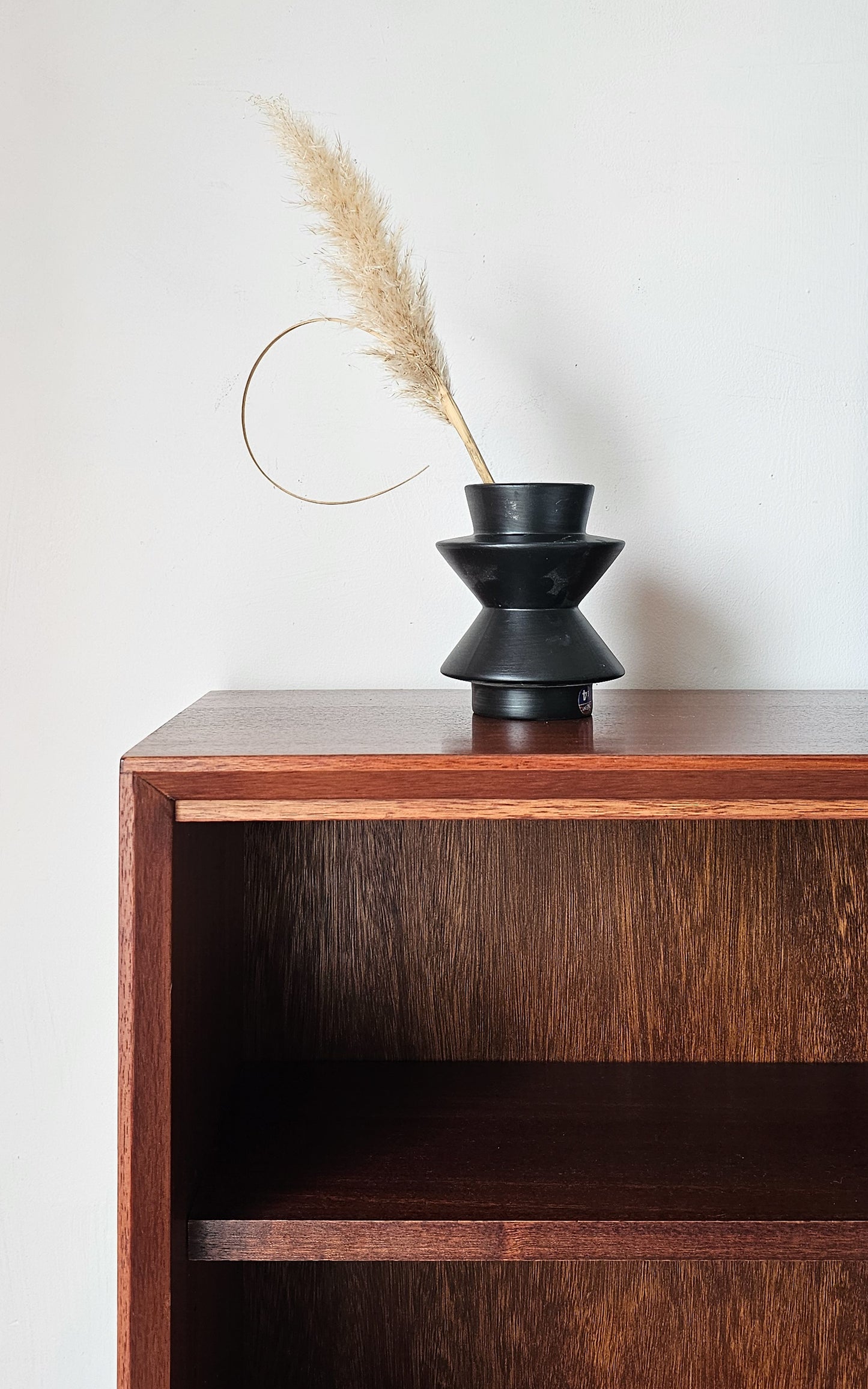 'The Emile' Mid Century Teak & Black Glass Drinks Cabinet Bookcase