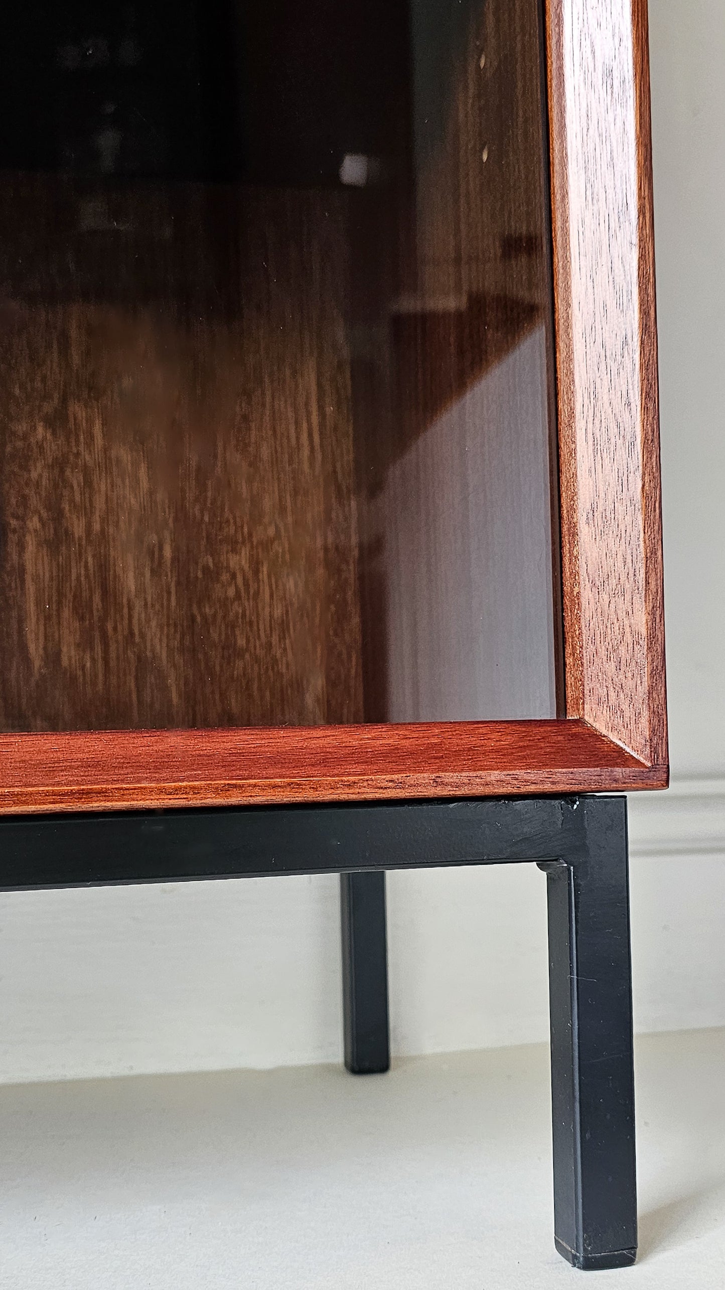 'The Emile' Mid Century Teak & Black Glass Drinks Cabinet Bookcase