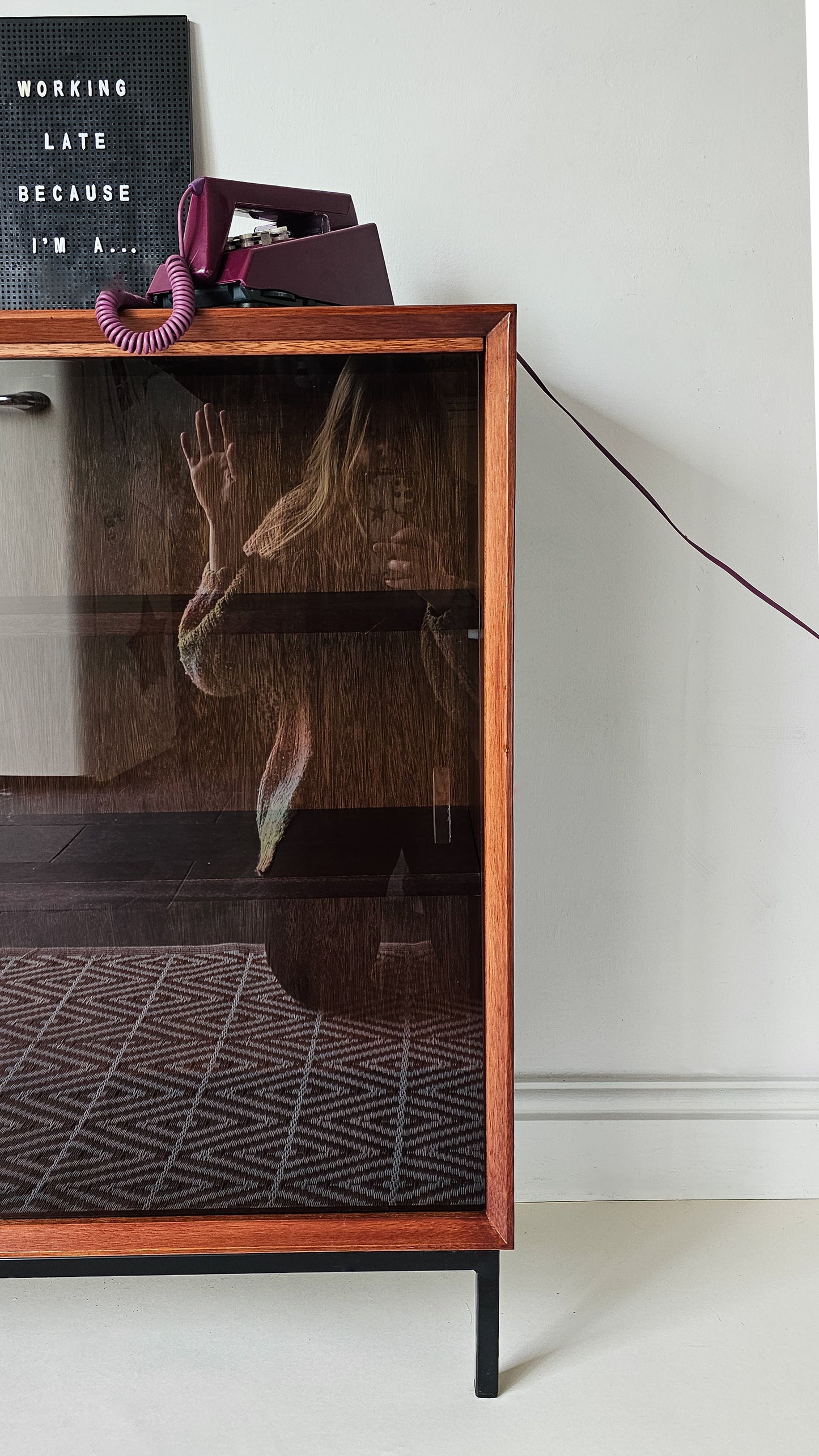 'The Emile' Mid Century Teak & Black Glass Drinks Cabinet Bookcase