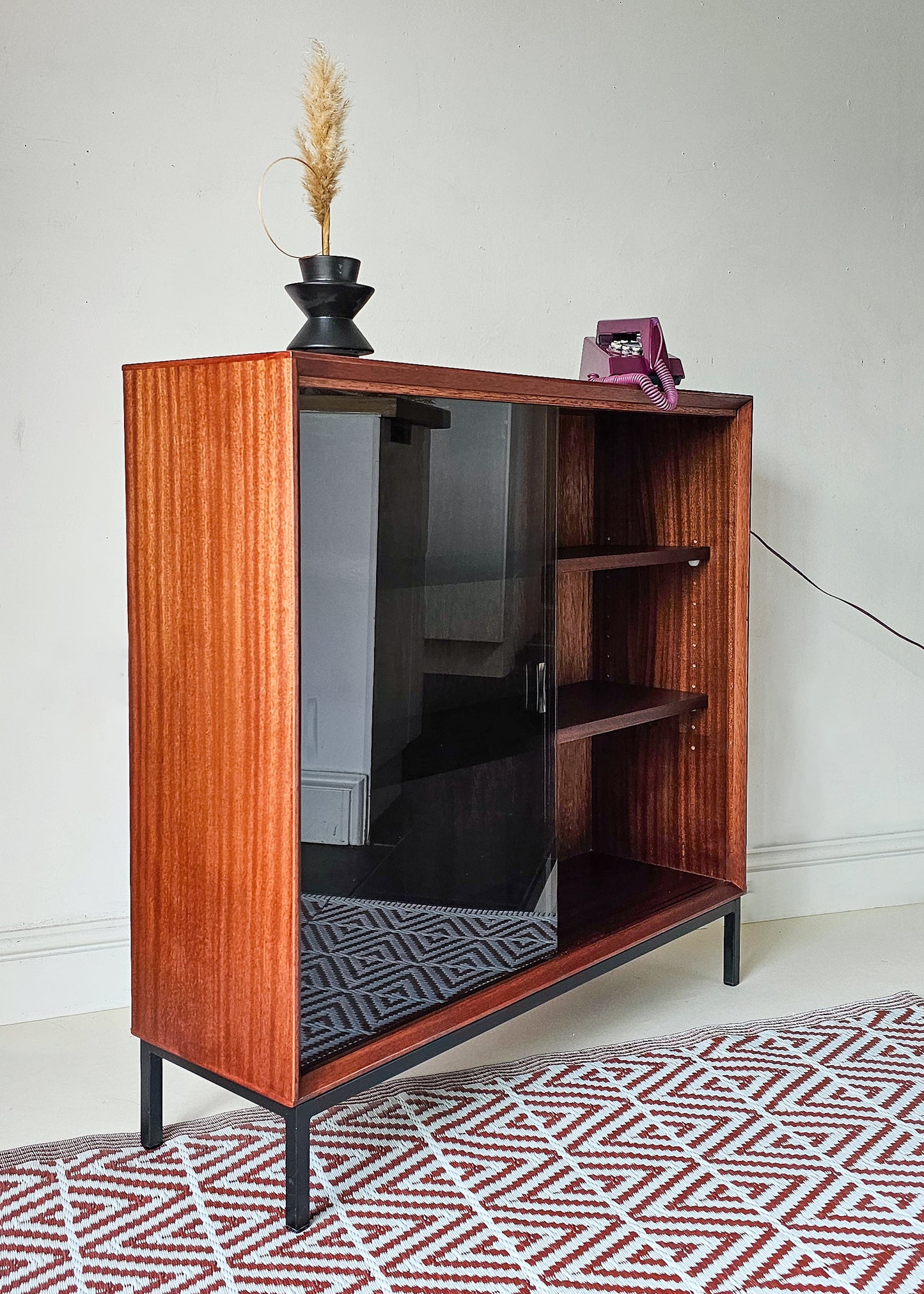 'The Emile' Mid Century Teak & Black Glass Drinks Cabinet Bookcase