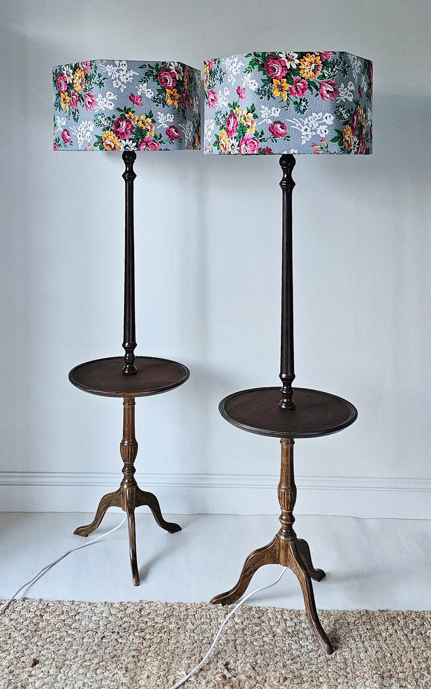 Pair of Antique Floor Lamp Tables with Floral Shades