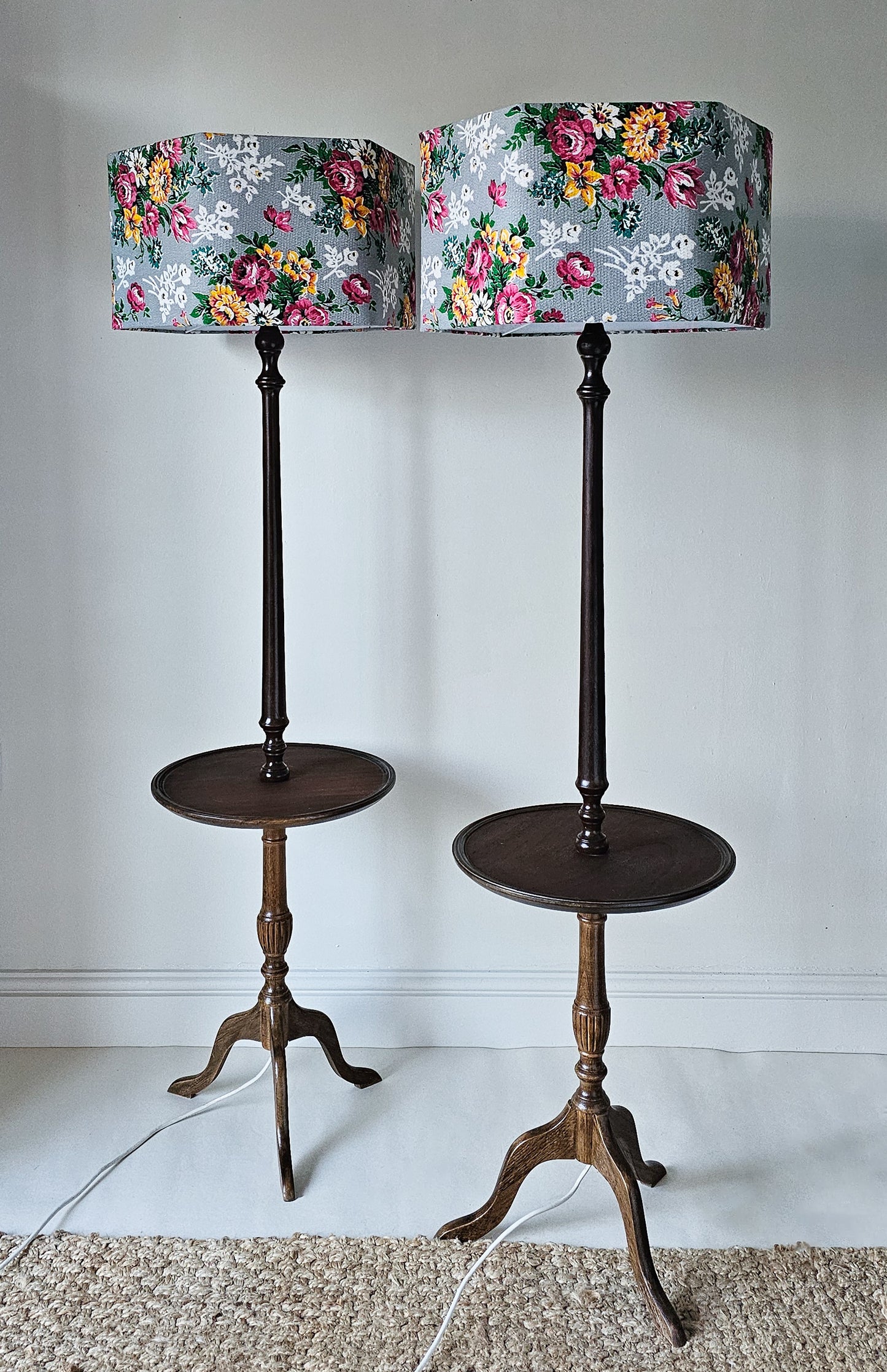 Pair of Antique Floor Lamp Tables with Floral Shades