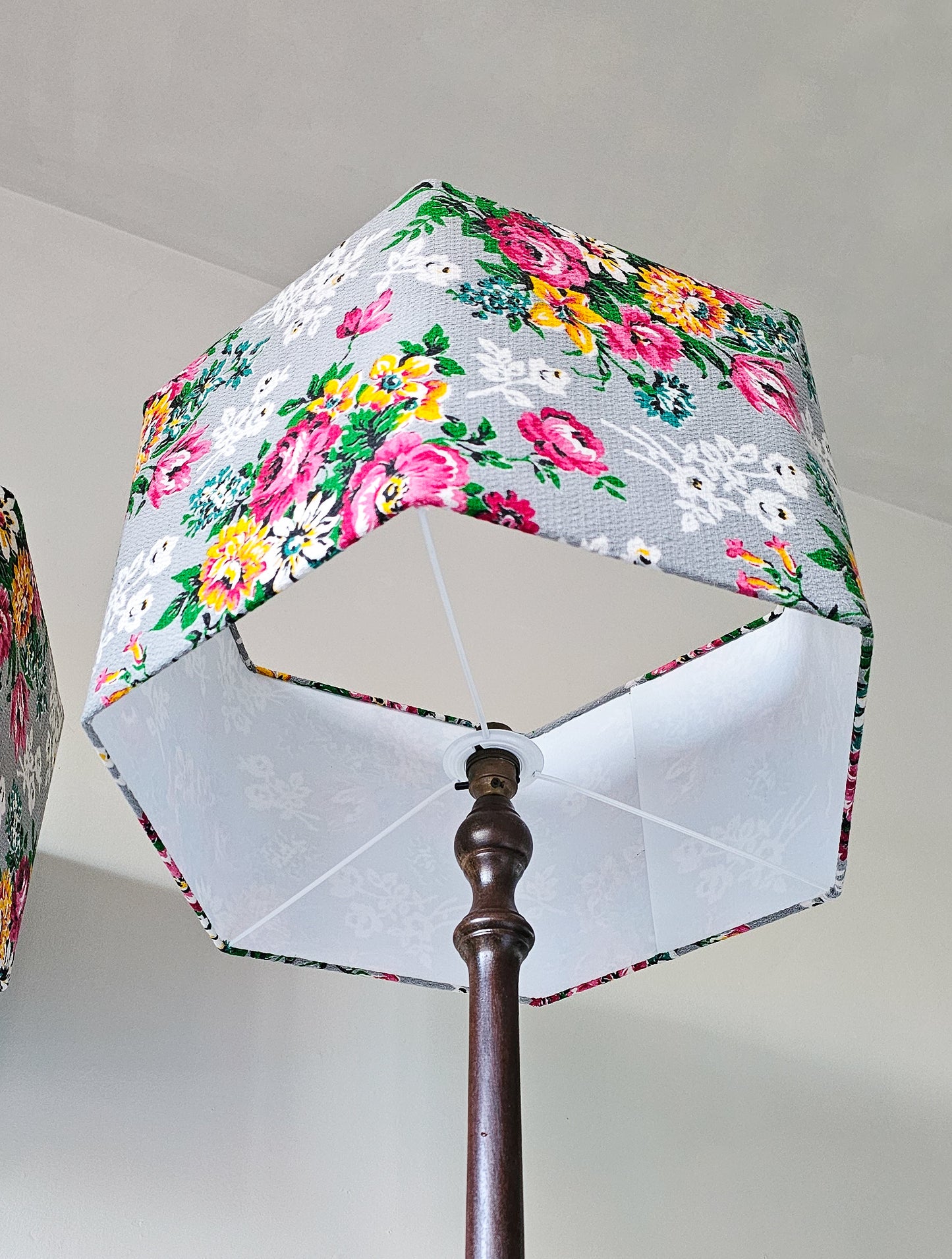 Pair of Antique Floor Lamp Tables with Floral Shades