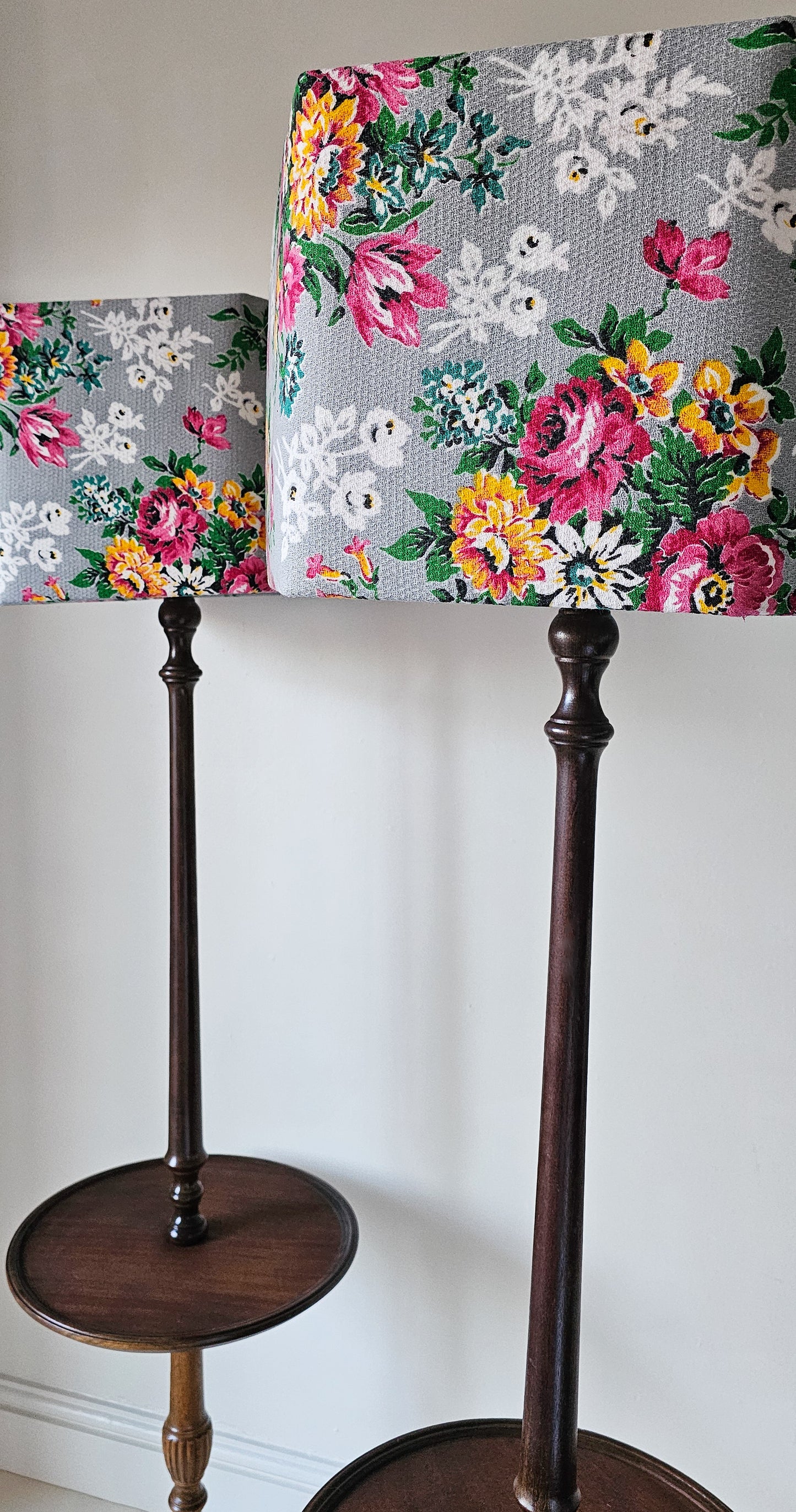 Pair of Antique Floor Lamp Tables with Floral Shades