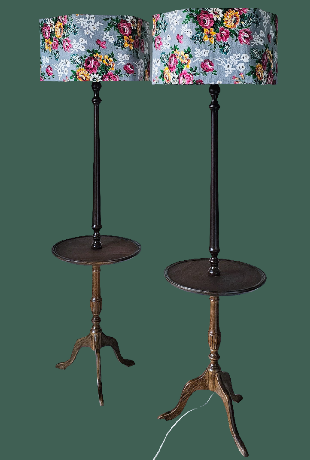 Pair of Antique Floor Lamp Tables with Floral Shades