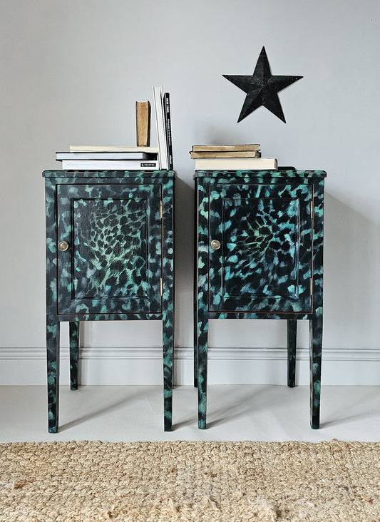 The Aria Leopard Print Pair of Edwardian Bedside Cabinets